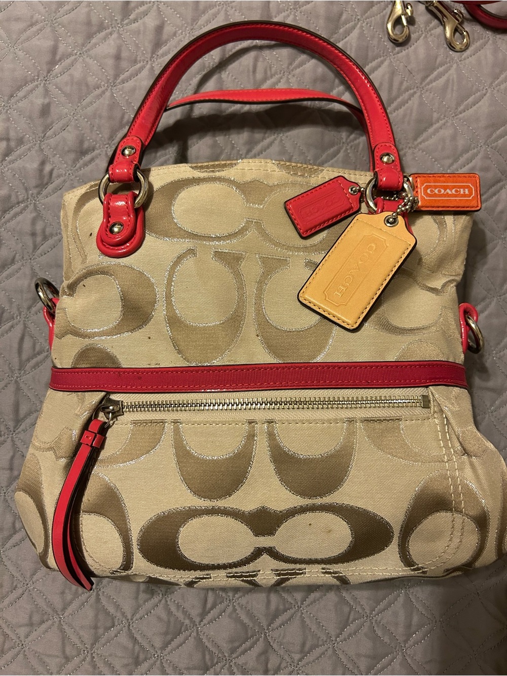 Coach Poppy Beige Signature Canvas Shoulder Bag with Coral